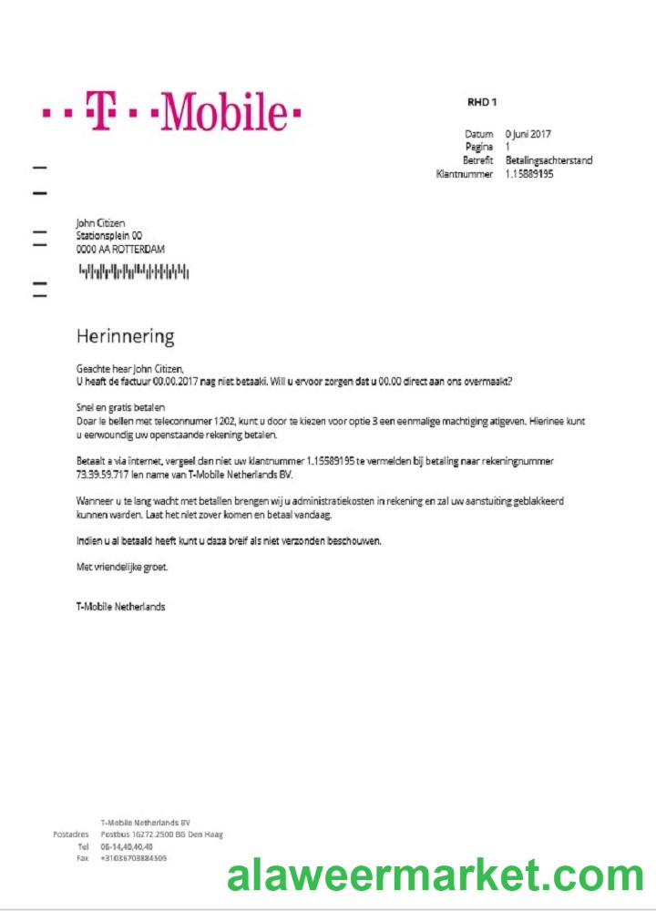 Netherlands T-Mobile utility bill template in Word and PDF format